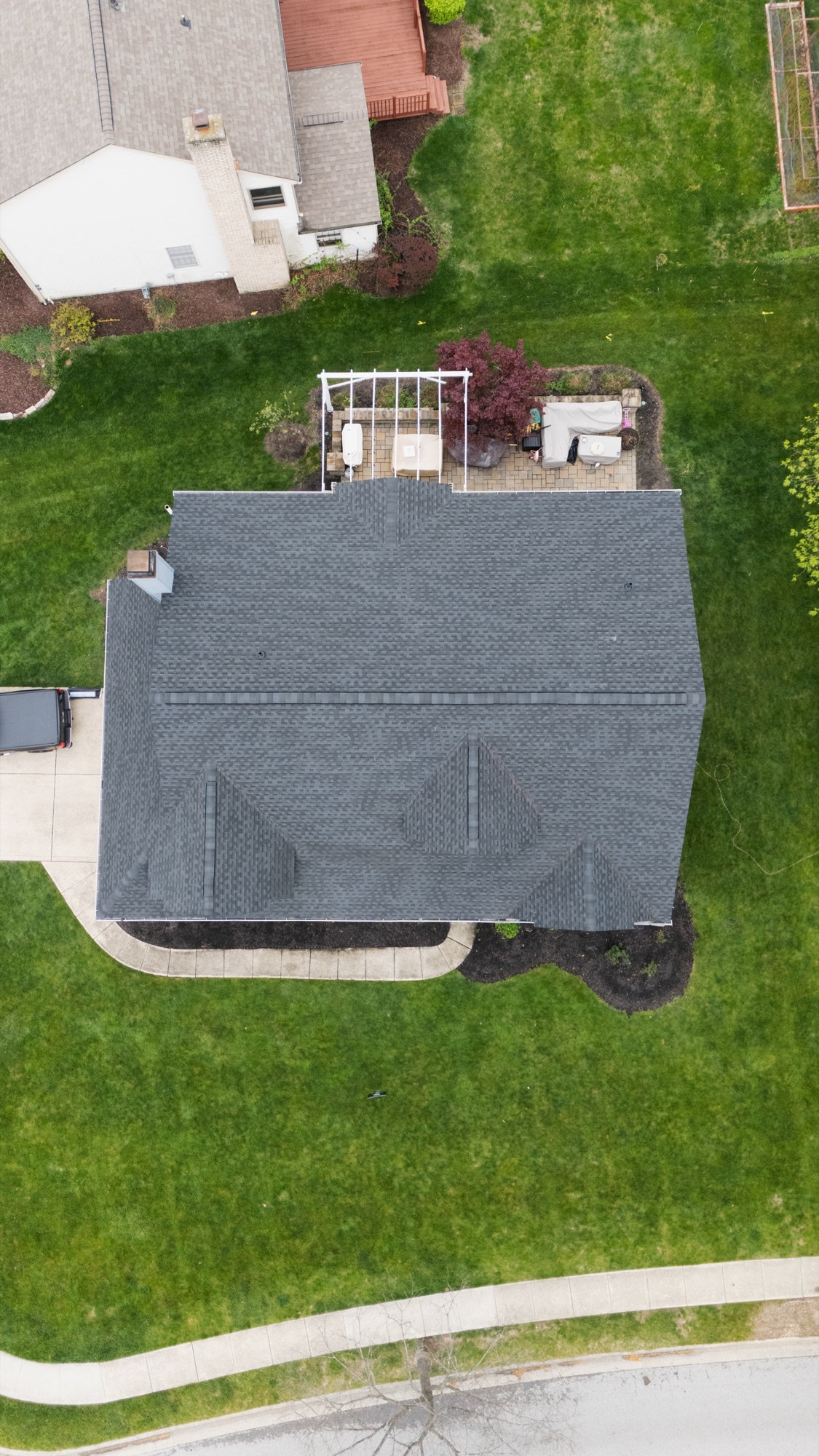 Recent roof replacement project - top-down drone shot